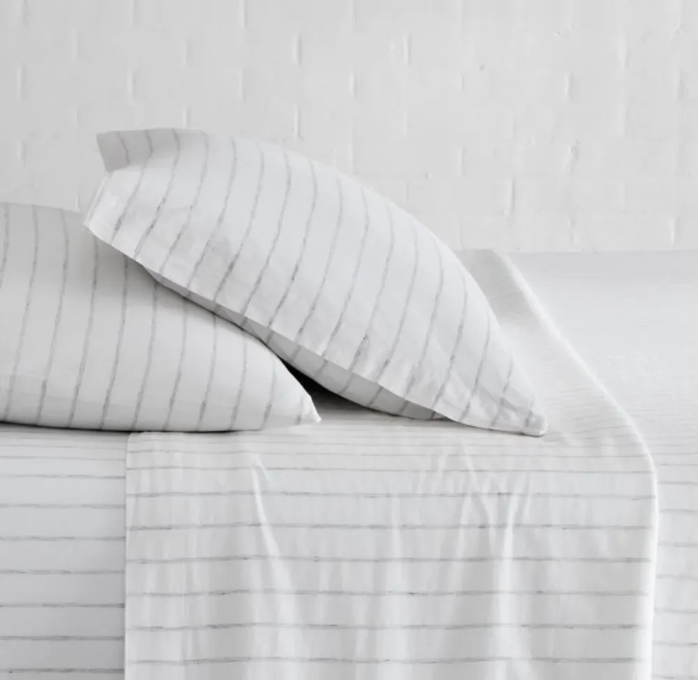 West Elm Organic Cotton Sheet Set KING Simple Stripe White Gray 7 Pc Bedding